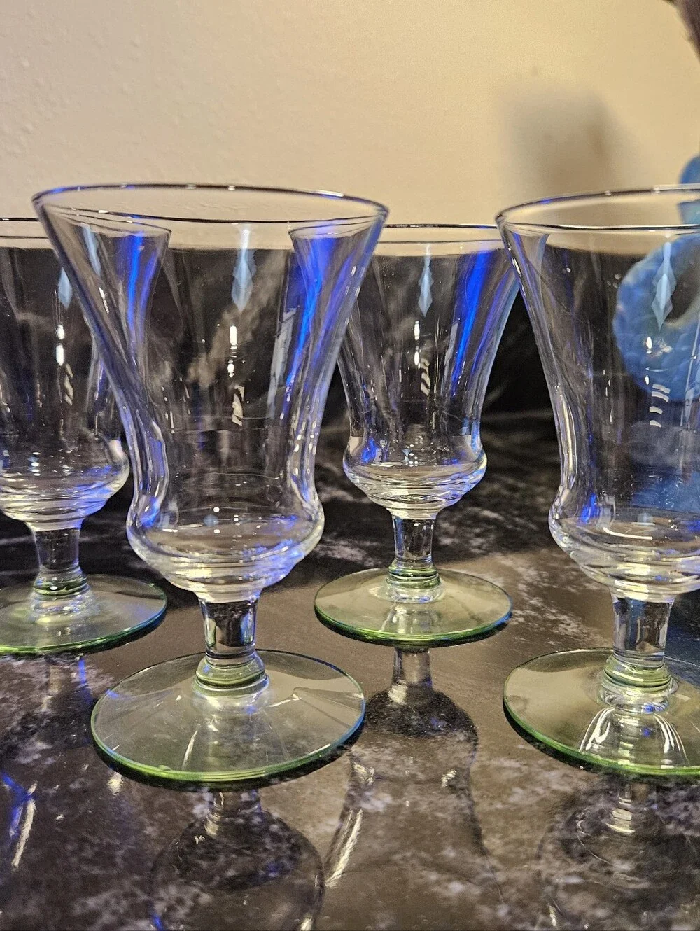Vintage Mid-Century Flared Cordial Glasses - Clear with Green Base - Set of 4